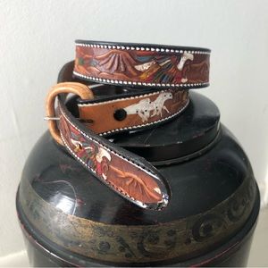 Vintage Tooled Embossed Painted Leather Belt